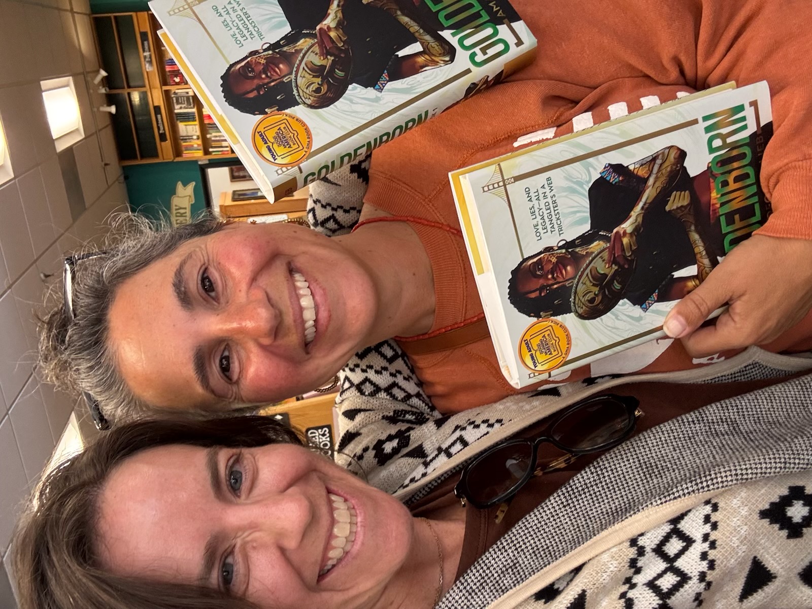 Cris and a friend at a bookstore